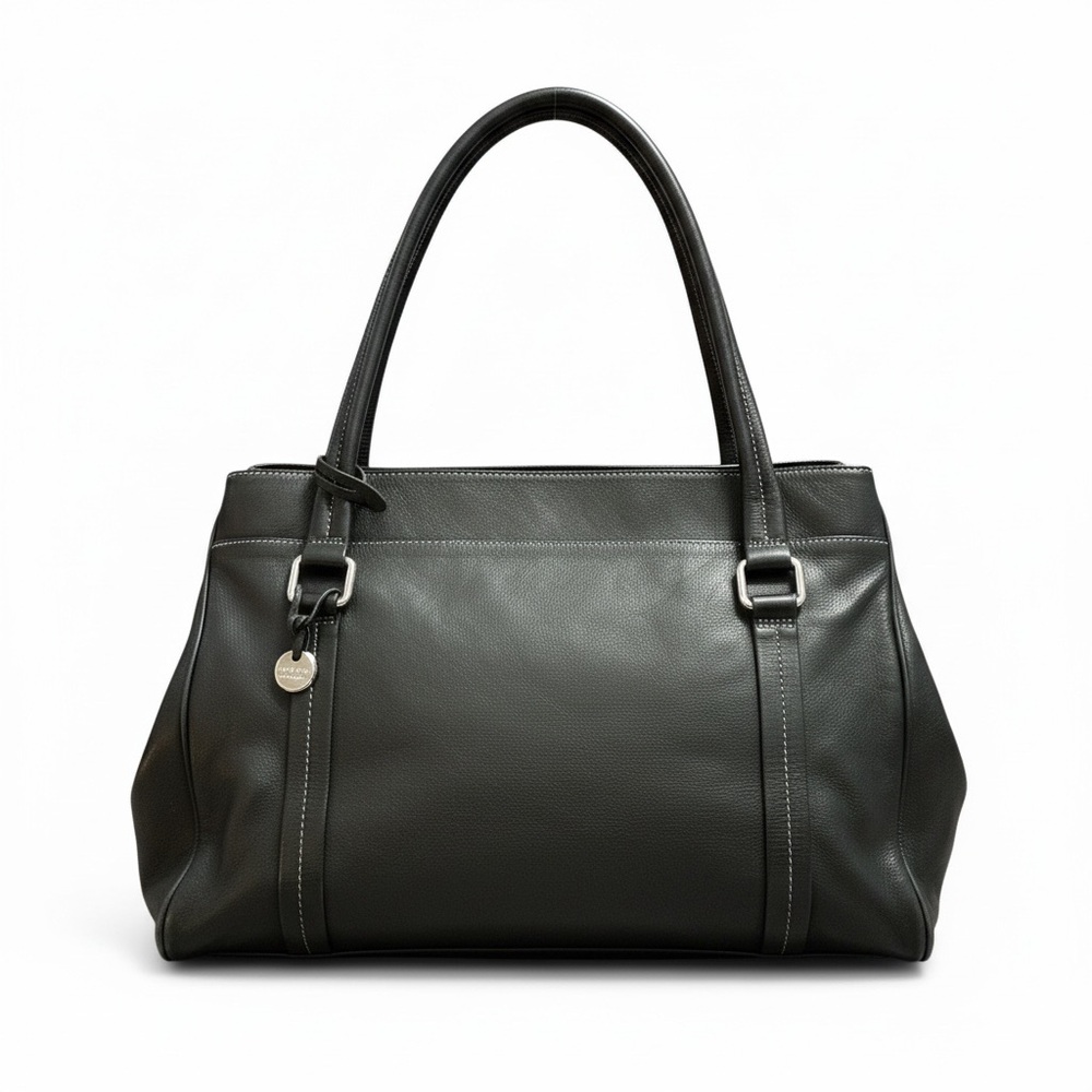 Charter Club Black Leather Triple Compartment Top Zip Double Strap Handbag EUC
